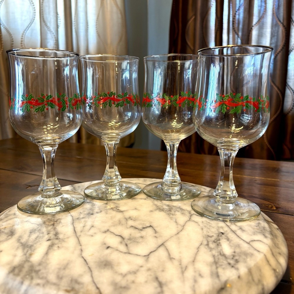4pc VTG 1980s Libbey Christmas‎ Holly Berry Ribbon Goblet Gold Rim Stem Glasses